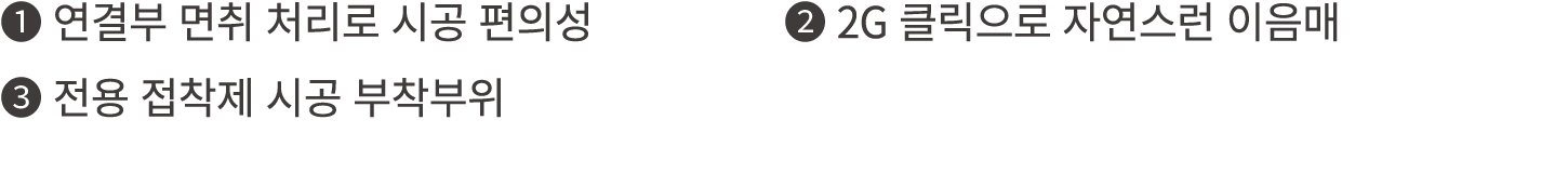 ❶ 연결부 면취 처리로 시공 편의성 ❸ 전용 접착제 시공 부착부위 ❷ 2G 클릭으로 자연스런 이음매